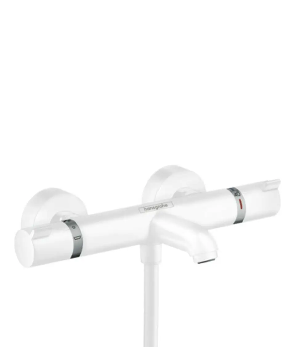 Weißer Wandthermostat von Hansgrohe mit zwei Steuerungselementen zur Temperaturregelung und einem Wasserstrahlauslass.